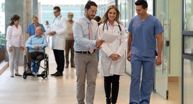 Hospital manager showing a document to doctor and nurse all smiling - Incidental people at background